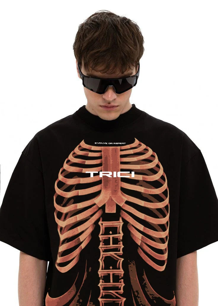 Black graphic T-shirt with orange ribcage skeleton print, crew neck, short sleeves