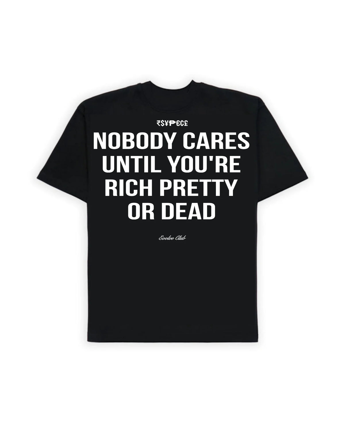 Black crewneck T-shirt with large white text graphic