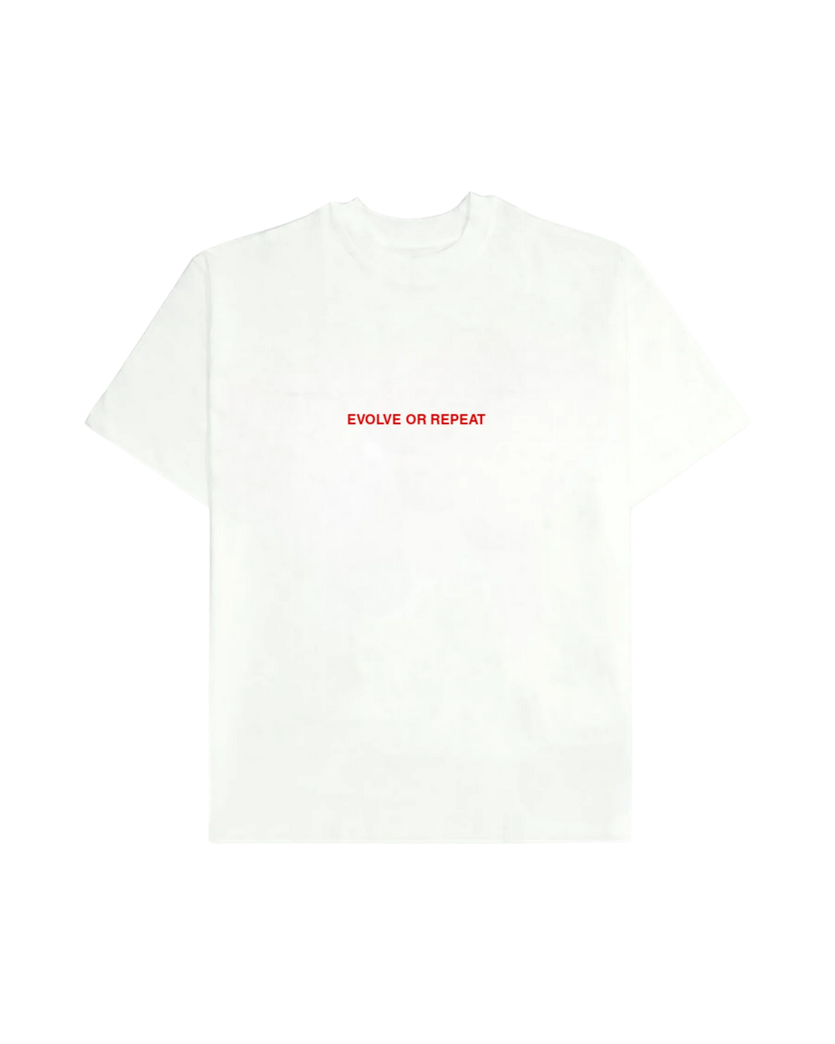 White graphic T-shirt with small red "EVOLVE OR REPEAT" text