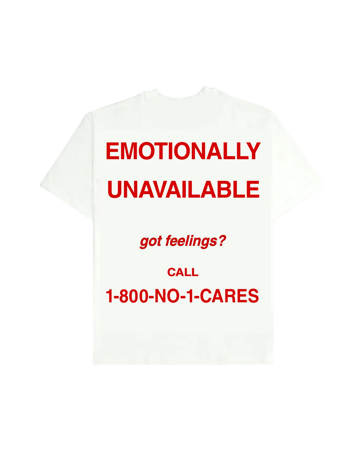 White graphic T-shirt with red headline and phone-number call text