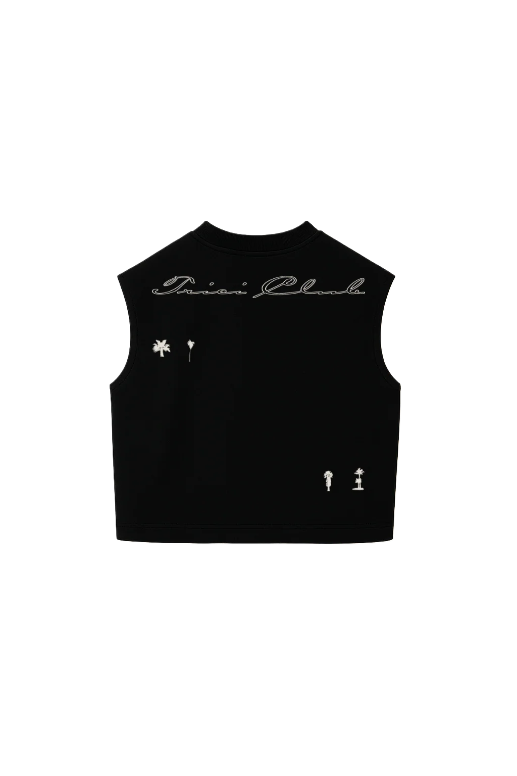 Black sleeveless vest with cursive text and small sparkle icons on back