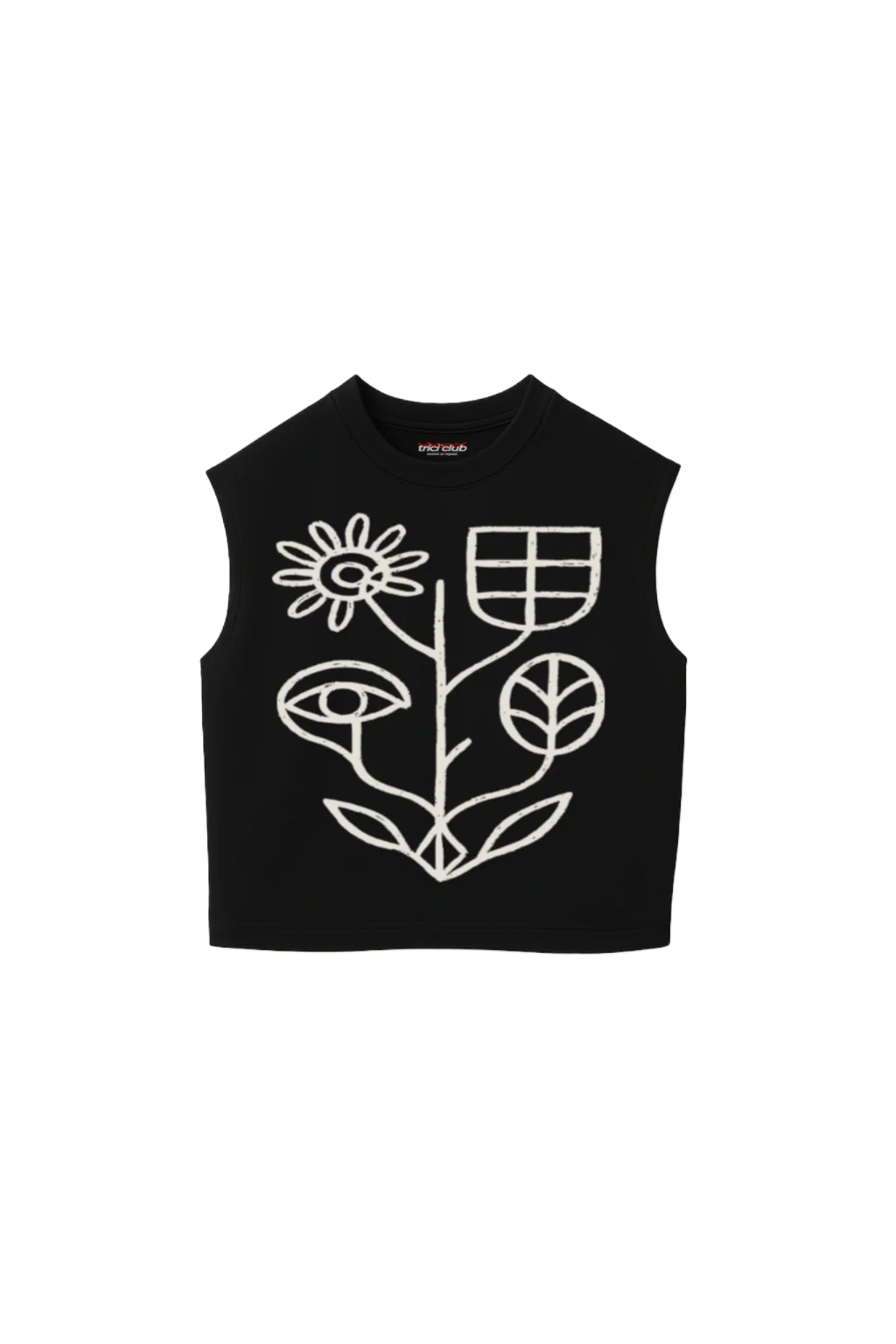 Black sleeveless vest with white flower and grid graphic on front