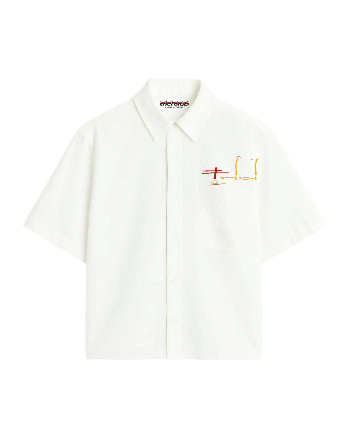 White boxy fit short-sleeve shirt with pointed collar and chest logo graphic.