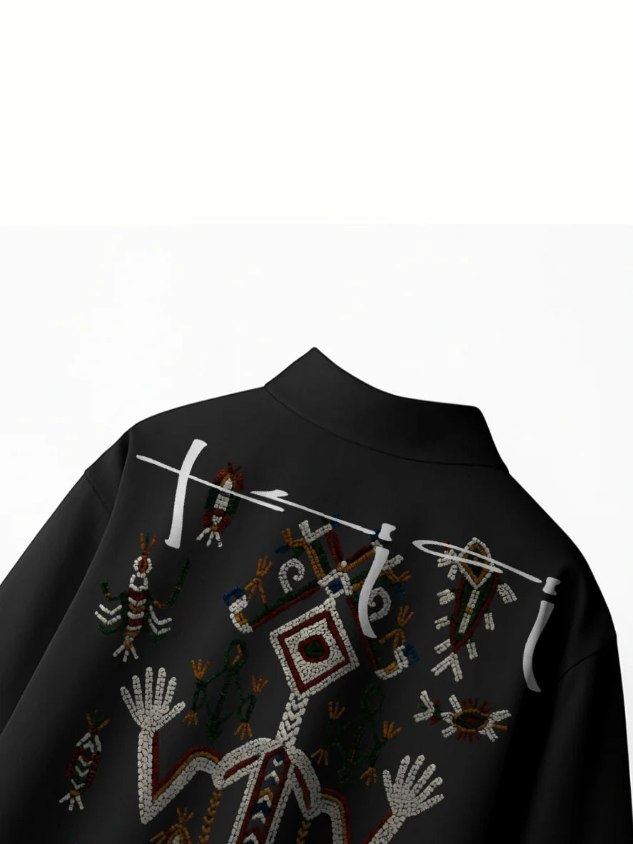 Black boxy fit button-up shirt with colorful back embroidery motif and figures