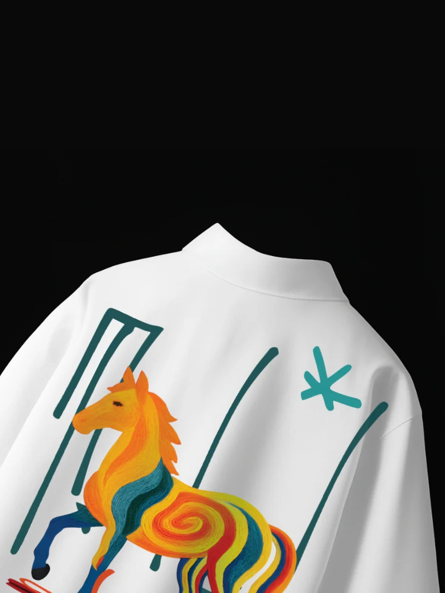 White boxy fit shirt with large colorful back cat graphic on upper back.