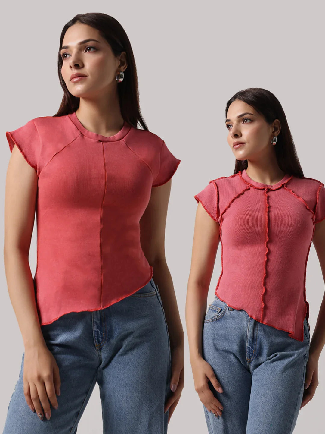 Rose-pink exposed-stitch top shown from front and back with round neckline and seams