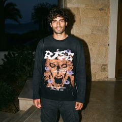 Black long-sleeve crewneck sweatshirt with colorful graphic front print