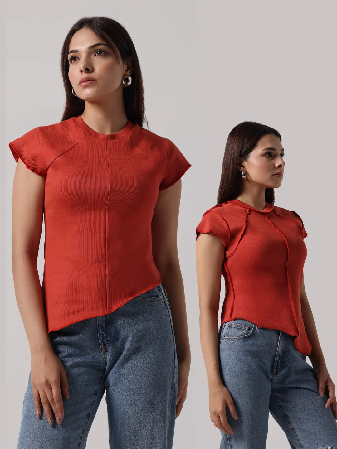 Red cap-sleeve top with visible front seam and stand collar, front and side views