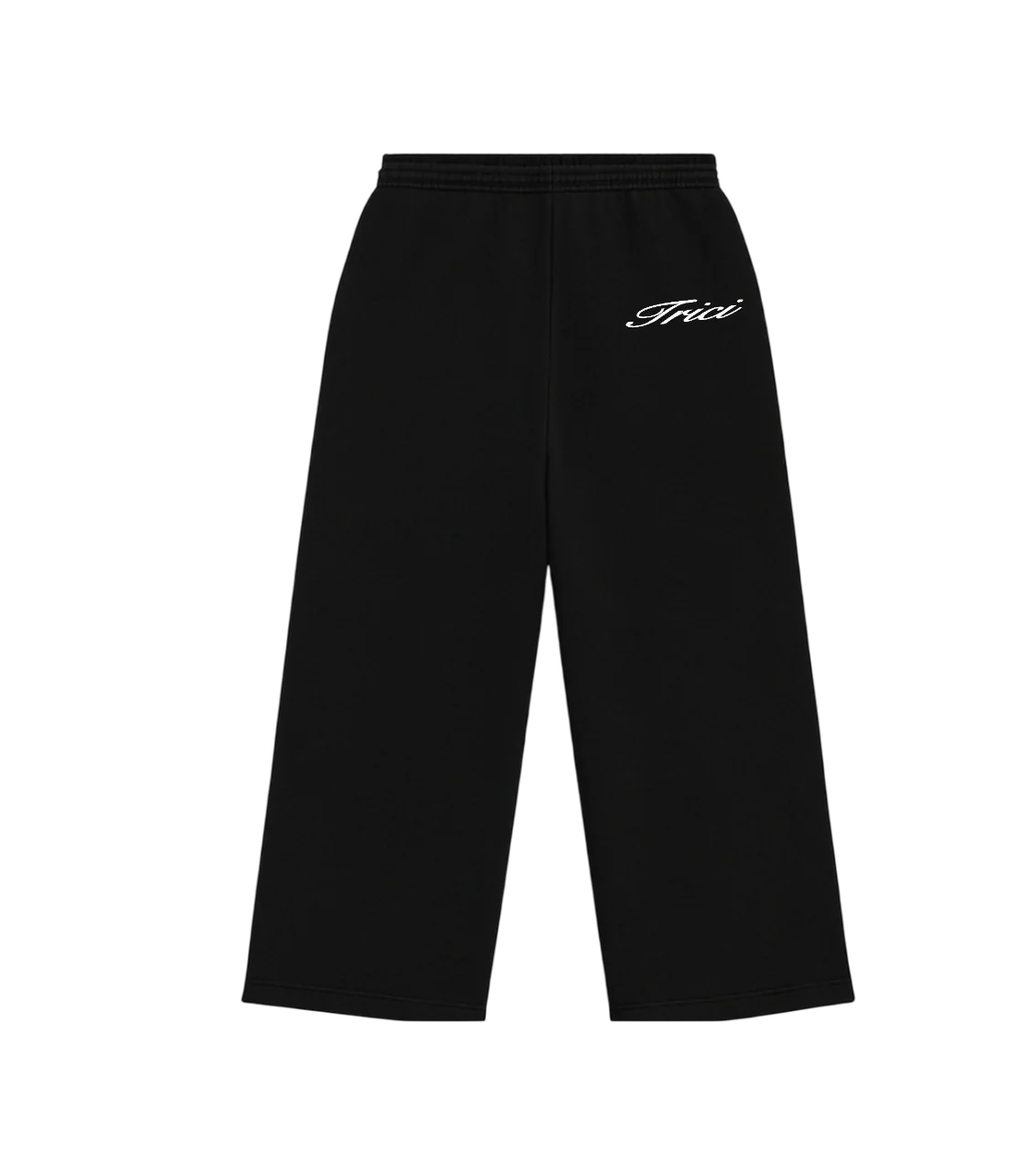 Black sweatpants with elastic waistband and drawstring, white logo on upper leg