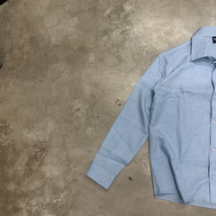 Sky blue linen button-front shirt with collar and long sleeves