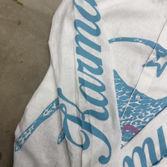 Light button-up shirt with blue script-style graphic print on the front