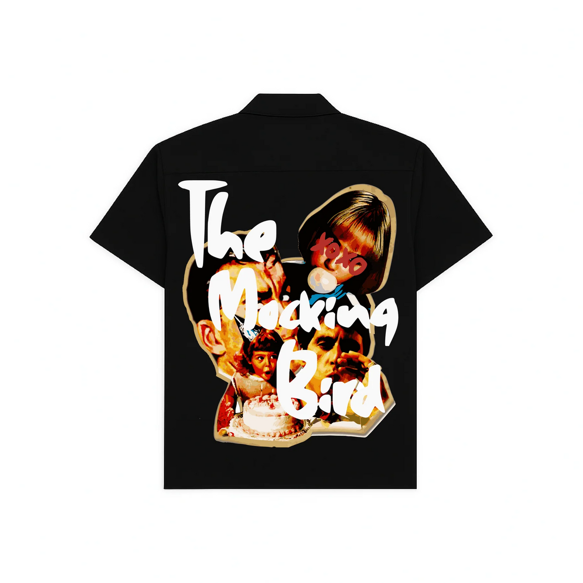 Black boxy-fit button-up shirt with large back graphic print