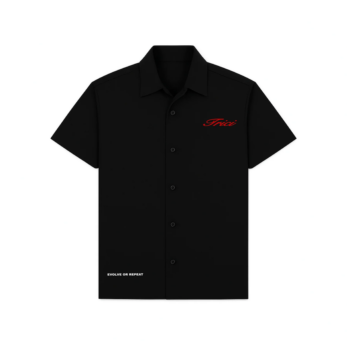 Black boxy-fit button-up shirt with red chest logo