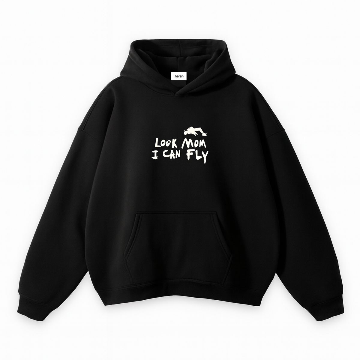 Black pullover hoodie with small chest dinosaur graphic and slogan text