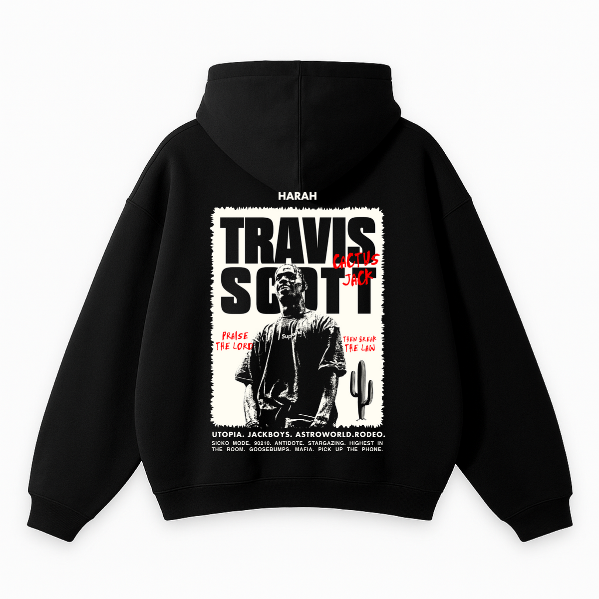 Black pullover hoodie with large front graphic print and red text accents