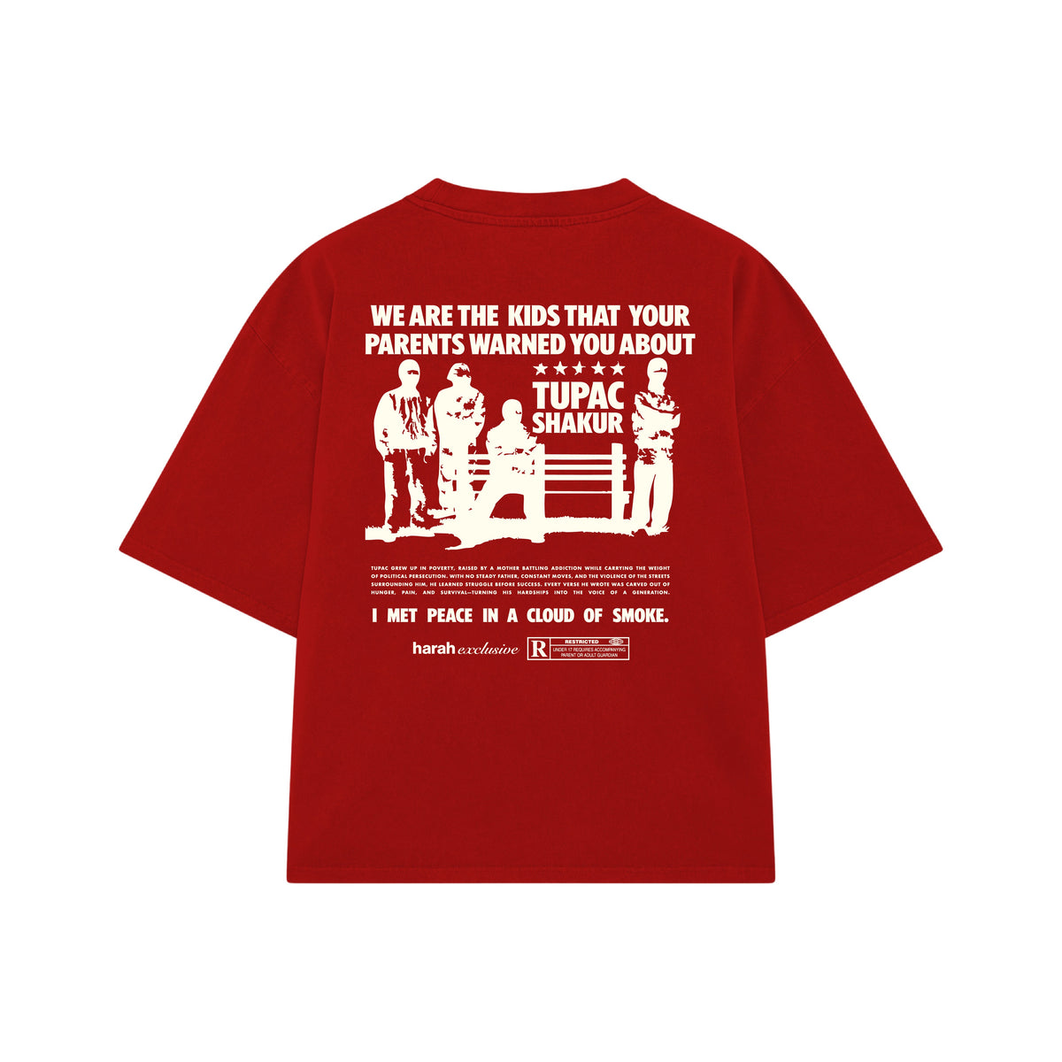 Red graphic T-shirt with large back text and illustrated figures