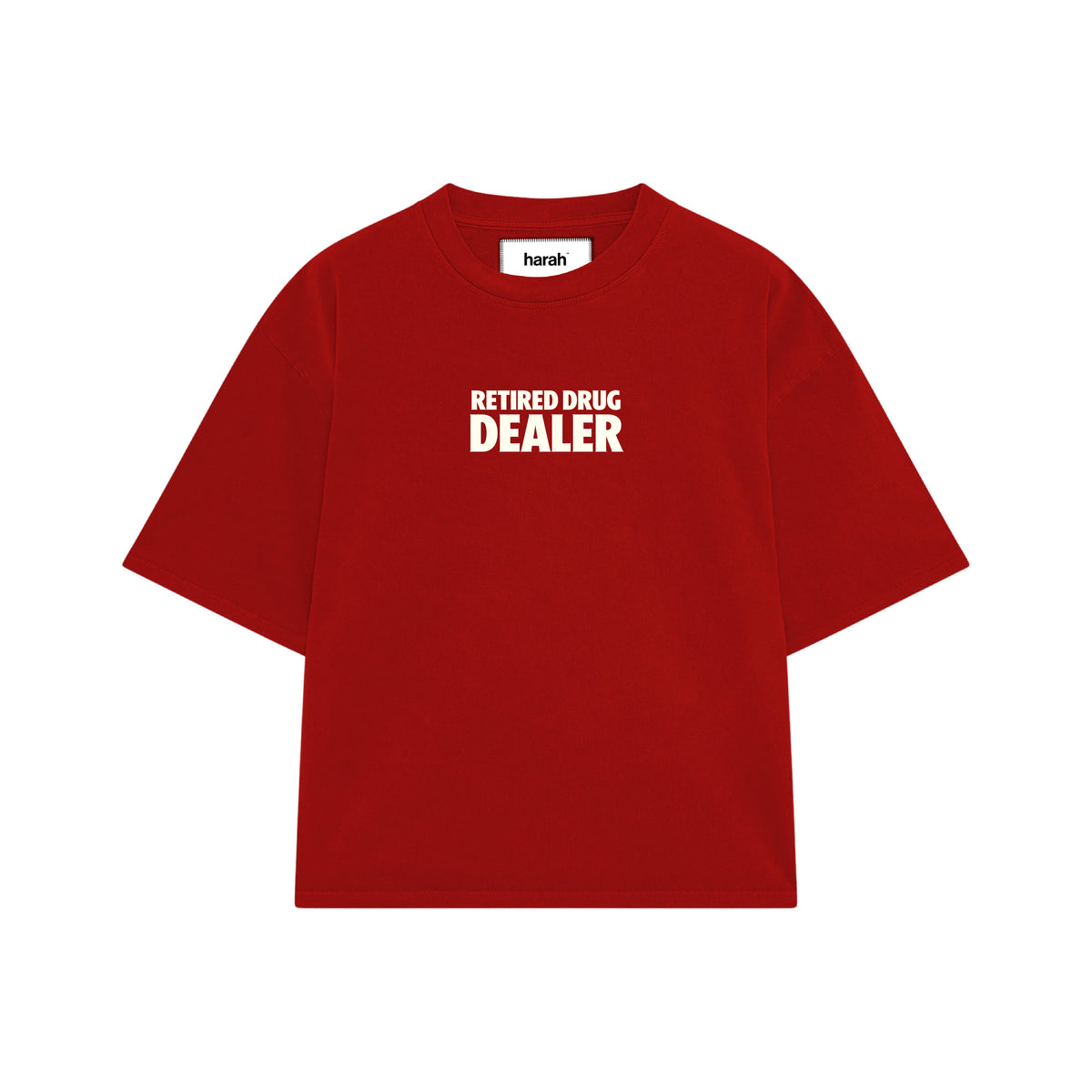 Red graphic T-shirt with “RETIRED DRUG DEALER” front print and crew neckline