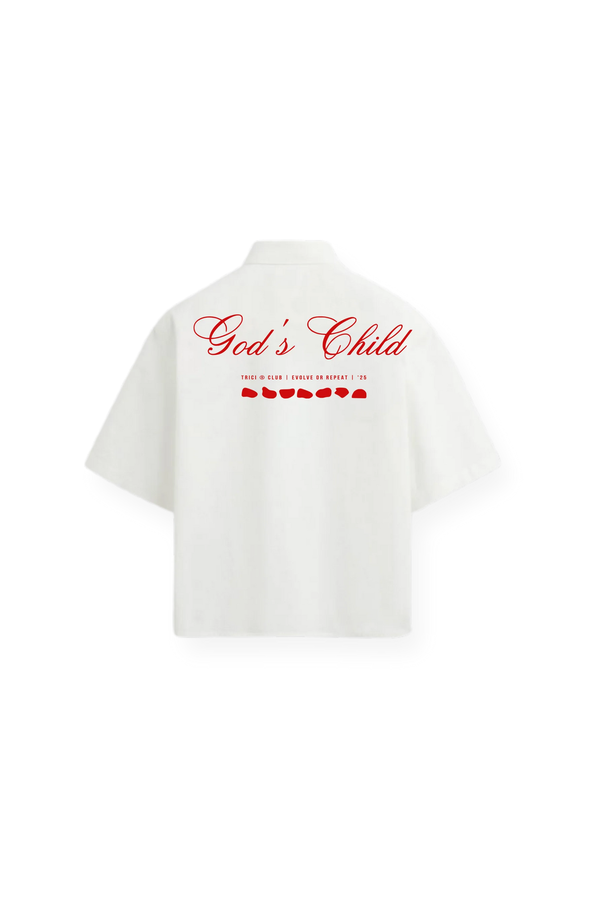 White boxy-fit shirt with red 'God’s Child' script and dots on back