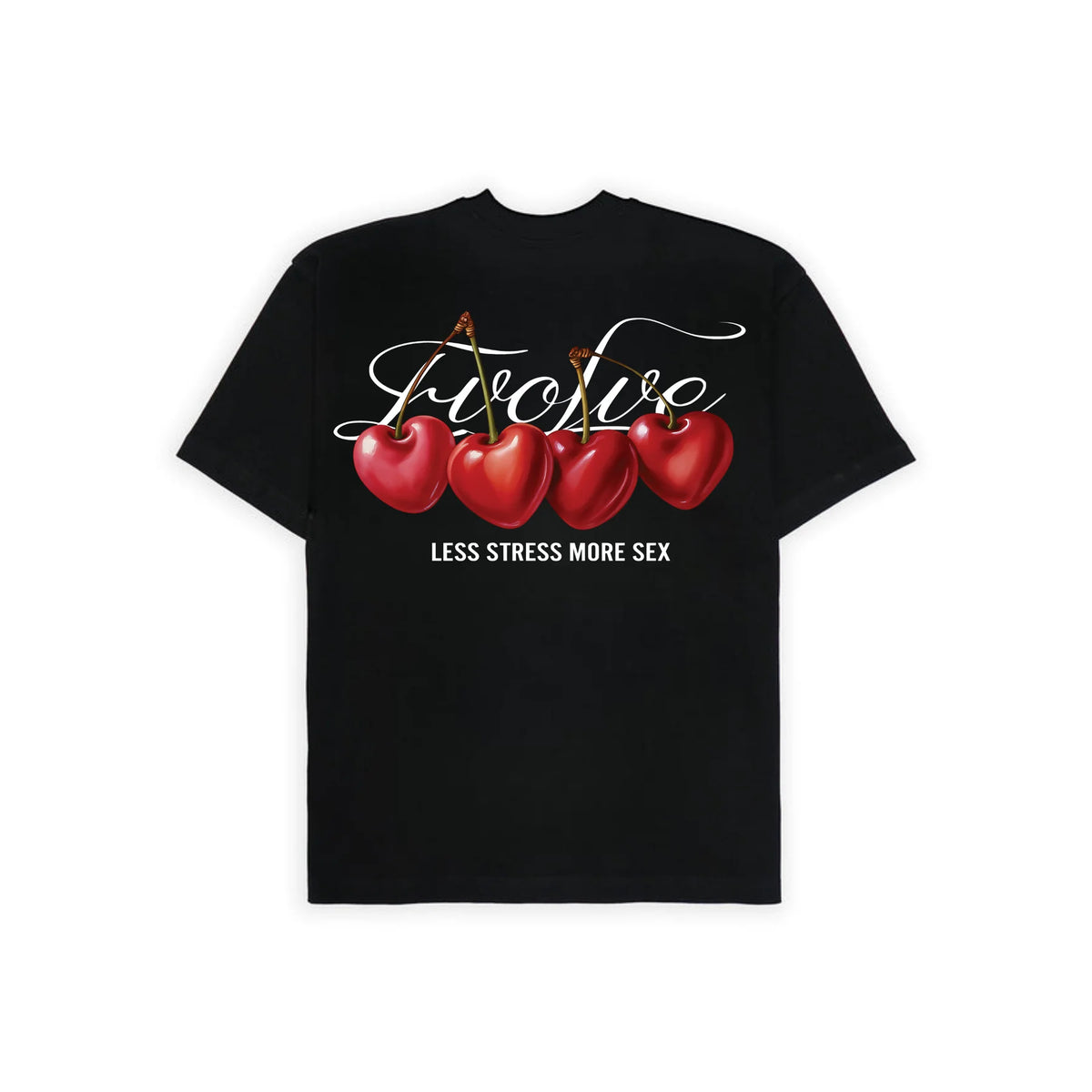 Black graphic T-shirt with Trero cursive, red cherries and 'LESS STRESS MORE SEX'