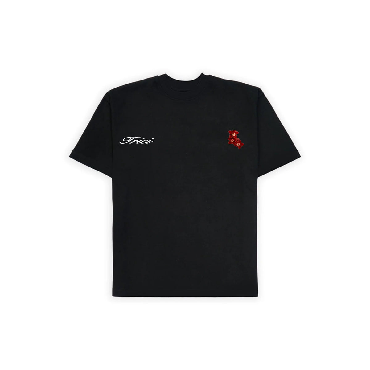 Black T-shirt back with small Trero logo and red cherry cluster