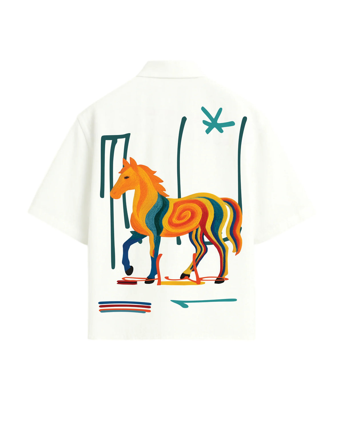 White boxy fit shirt with colorful back graphic featuring a cat illustration.
