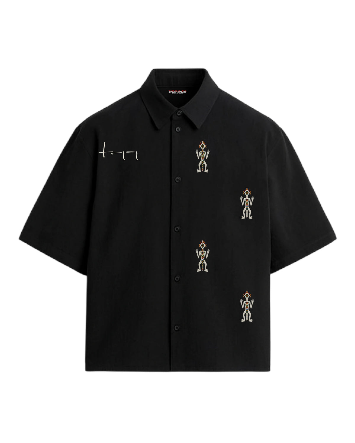 Black boxy fit button-up shirt with colorful tribal-style embroidery on chest