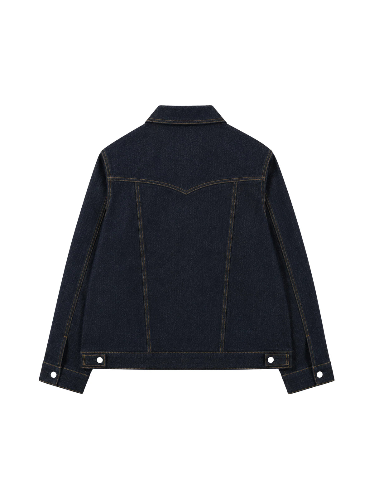 Indigo denim jacket back view with yoke seams, contrast topstitching, and snap cuffs