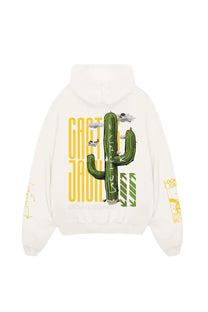 White oversized hoodie with large cactus graphic and multicolor print