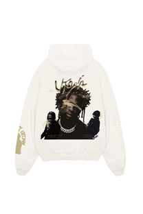 White designed hoodie with large front graphic print, pullover hood and kangaroo pocket