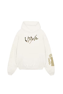 White designed hoodie with front logo print and pullover hood, kangaroo pocket
