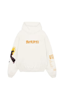 White oversized hoodie with back graphic print and sleeve graphic accents