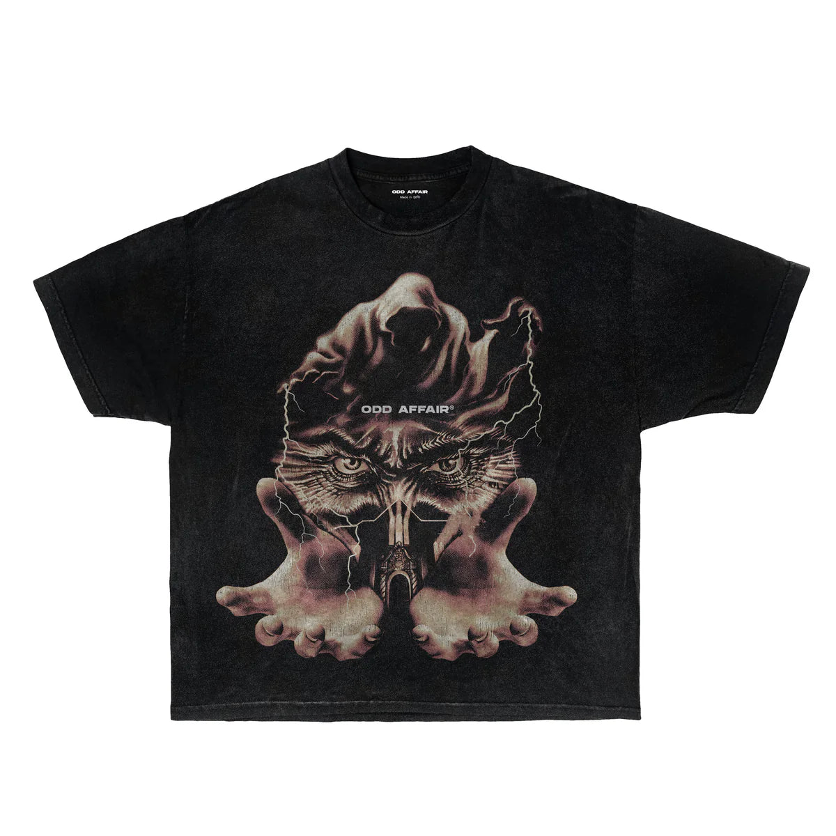 Black T-shirt with large cat-and-hands front graphic