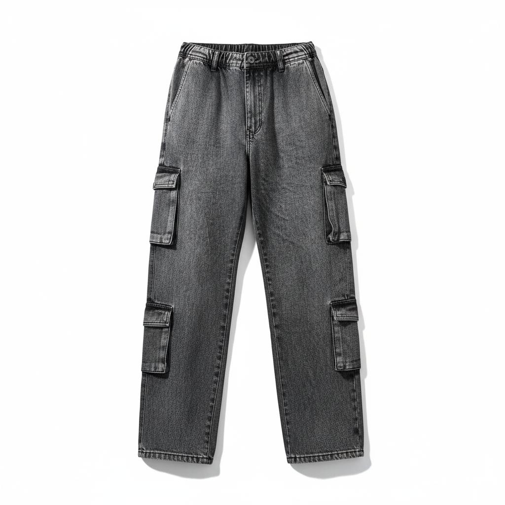 Grey denim cargo pants featuring belt loops and cargo pockets on wide legs