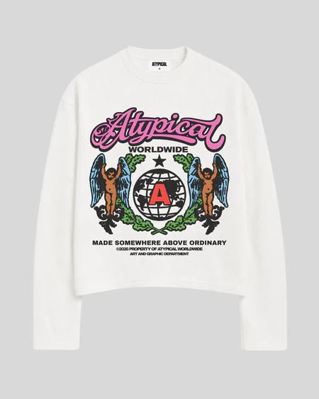 White long-sleeve crewneck sweatshirt with Atypical Worldwide front graphic