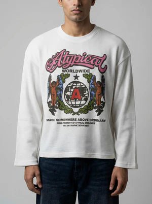 White crewneck sweatshirt with large Atypical Worldwide front graphic