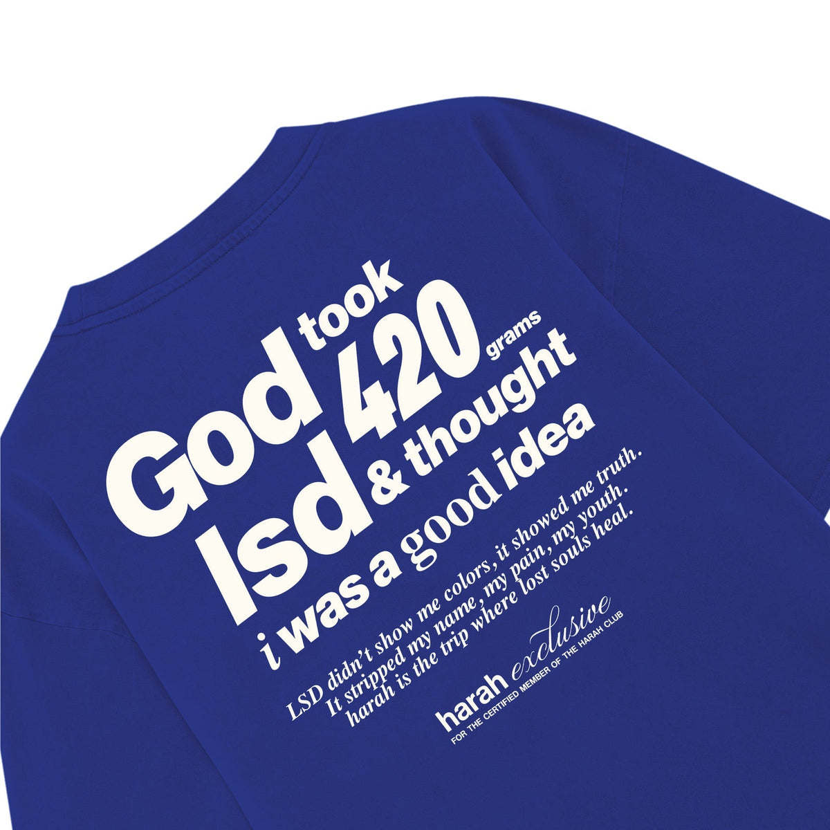 Blue T-shirt back close-up with large white graphic lettering