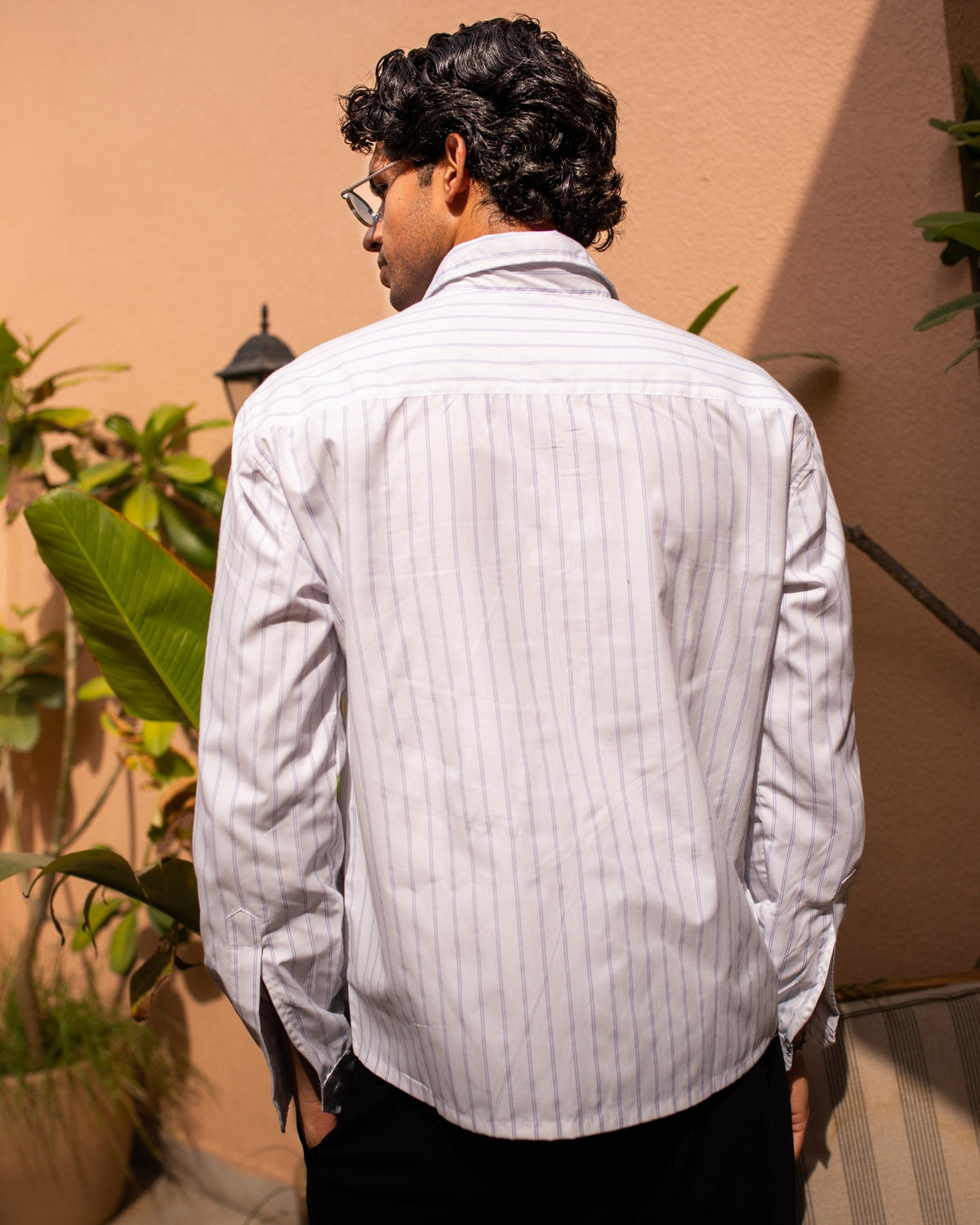 White pinstripe suiting shirt with blue vertical stripes, plain back, full sleeves