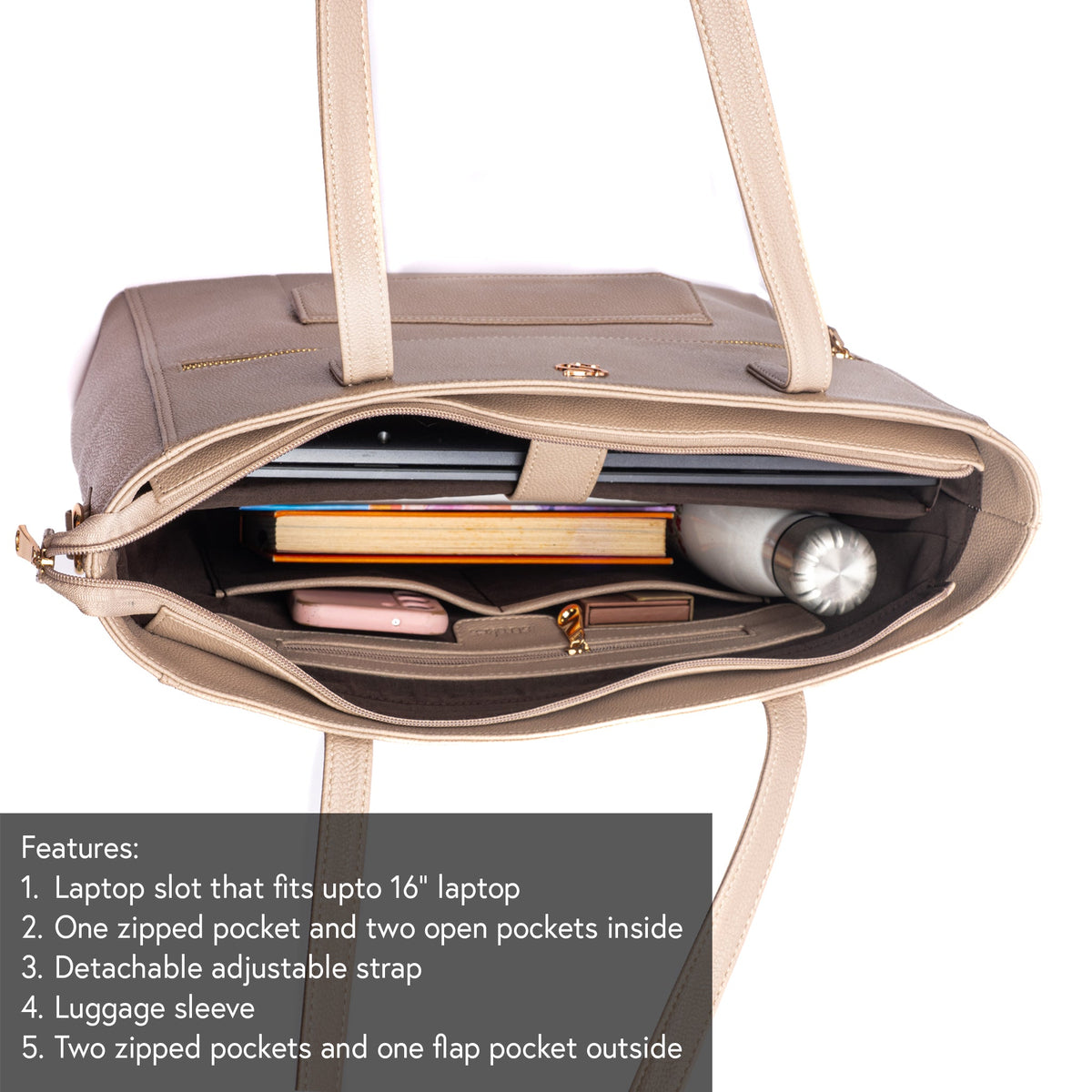Open almond-beige tote bag interior with laptop sleeve and zipped pockets