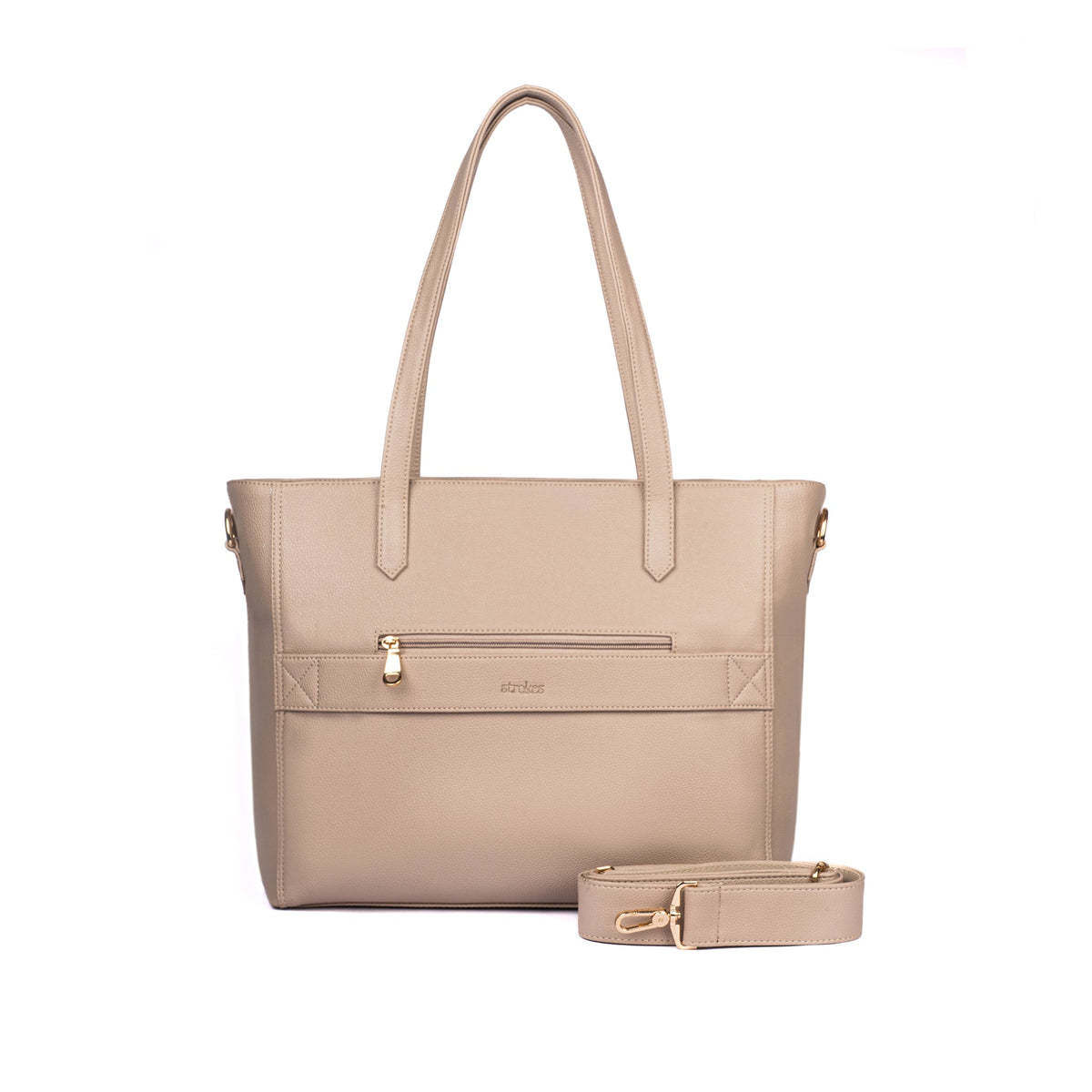 Almond-beige tote bag with detachable shoulder strap and gold front zip pocket