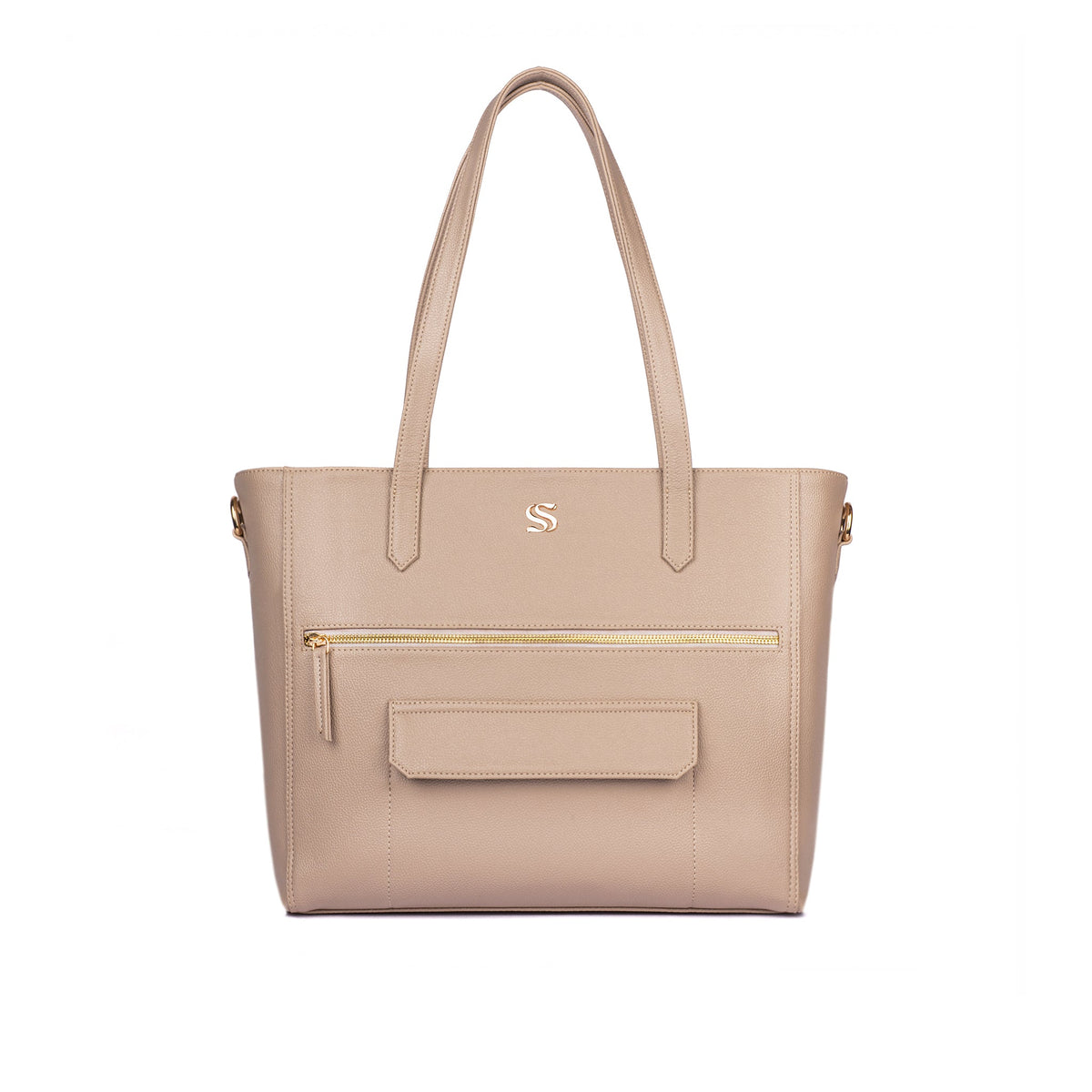 Almond-beige tote bag with gold S logo, front pocket, and top handles