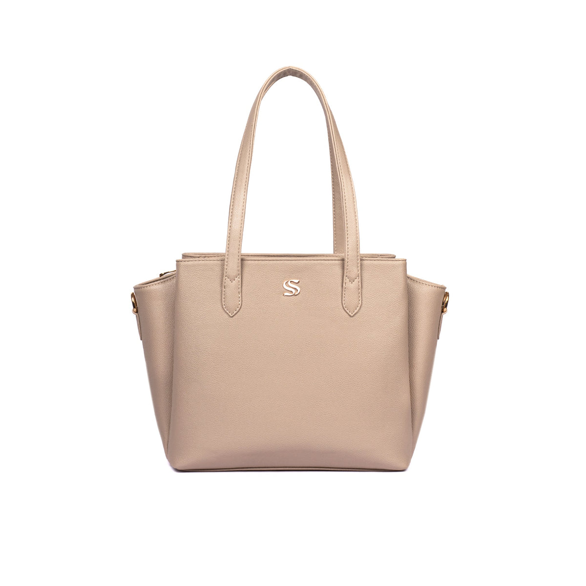 Almond cream tote bag with two top handles and small front emblem
