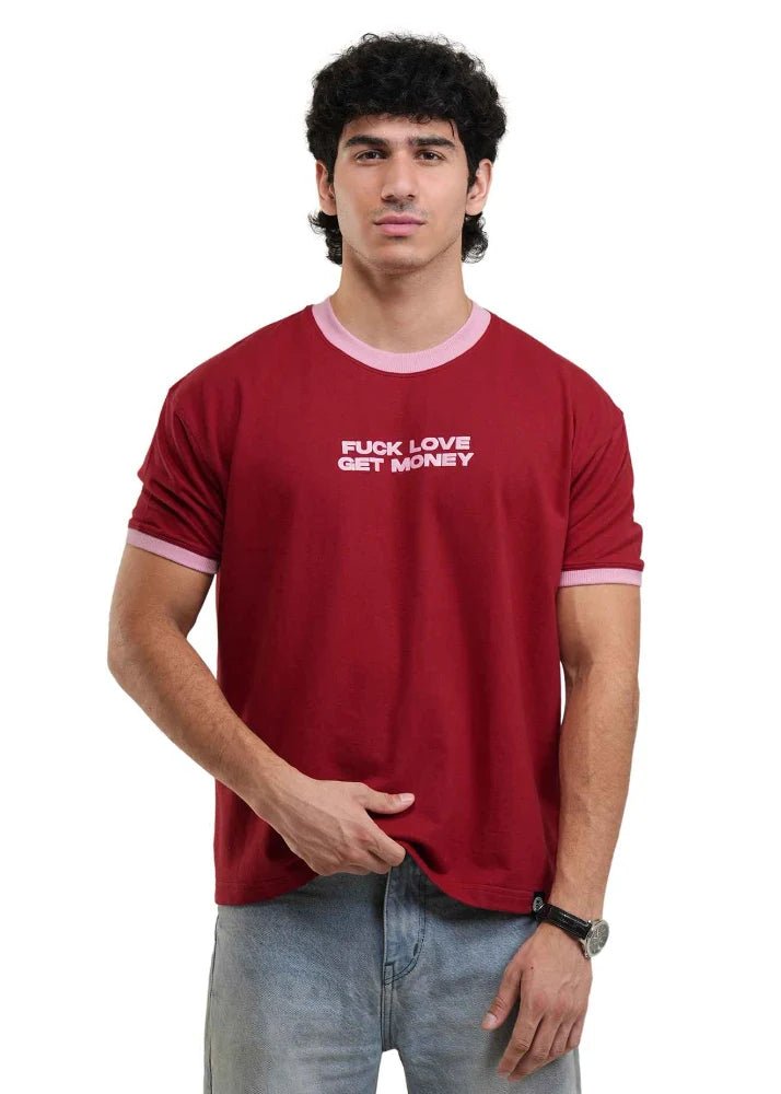 Men's red ringer T-shirt with front slogan print and white collar trim