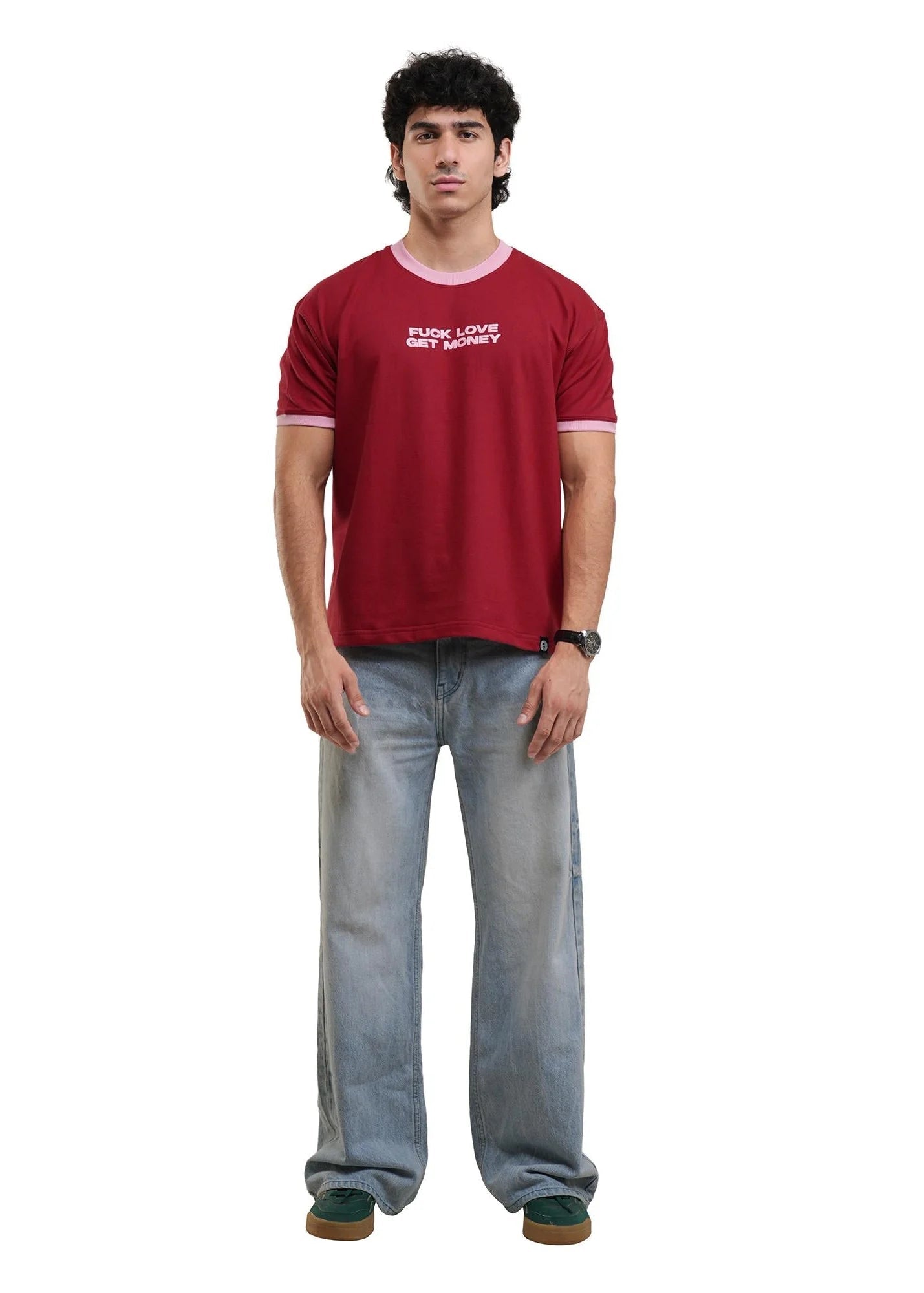 Men's red ringer T-shirt with front slogan graphic and white trim