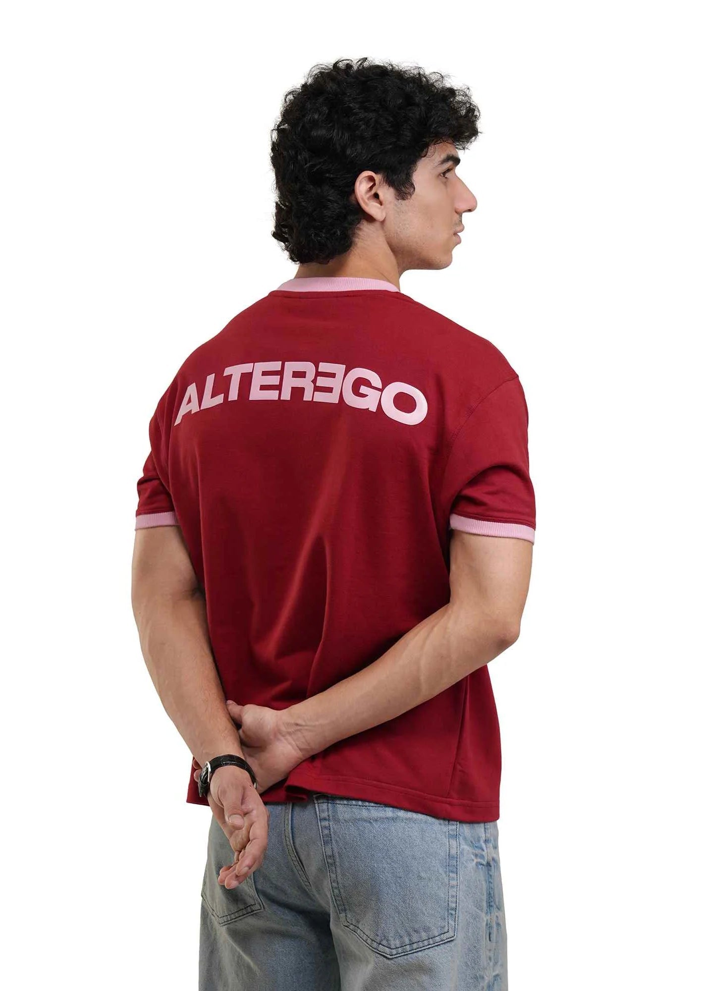 Men's red ringer T-shirt with ALTEREGO back print, side view
