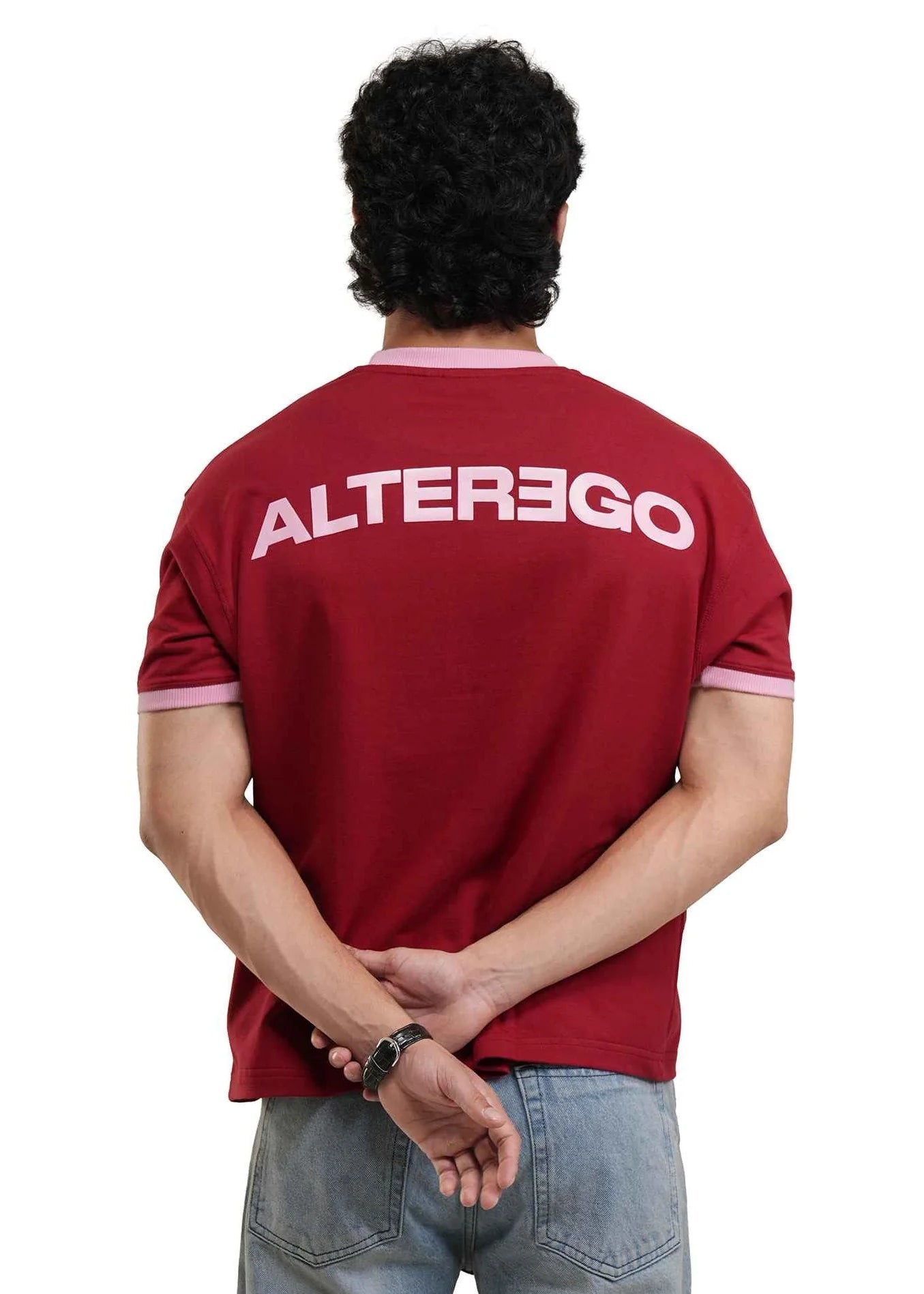 Men's red ringer T-shirt with large ALTEREGO back print and white trim
