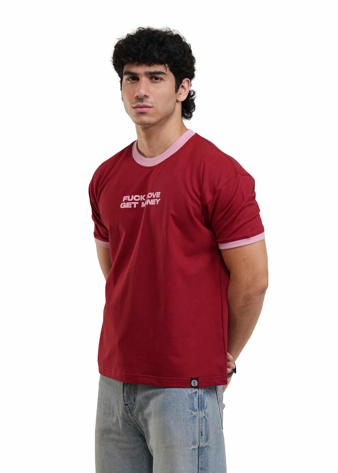 Men's red ringer T-shirt with front slogan text and white sleeve trim