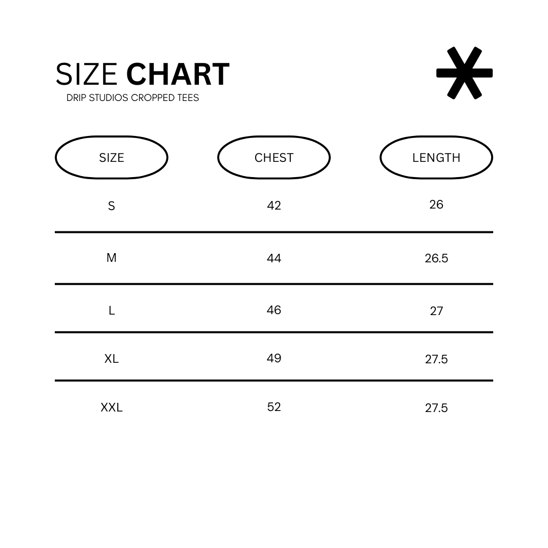 Raglan cropped tee size chart with chest and length measurements
