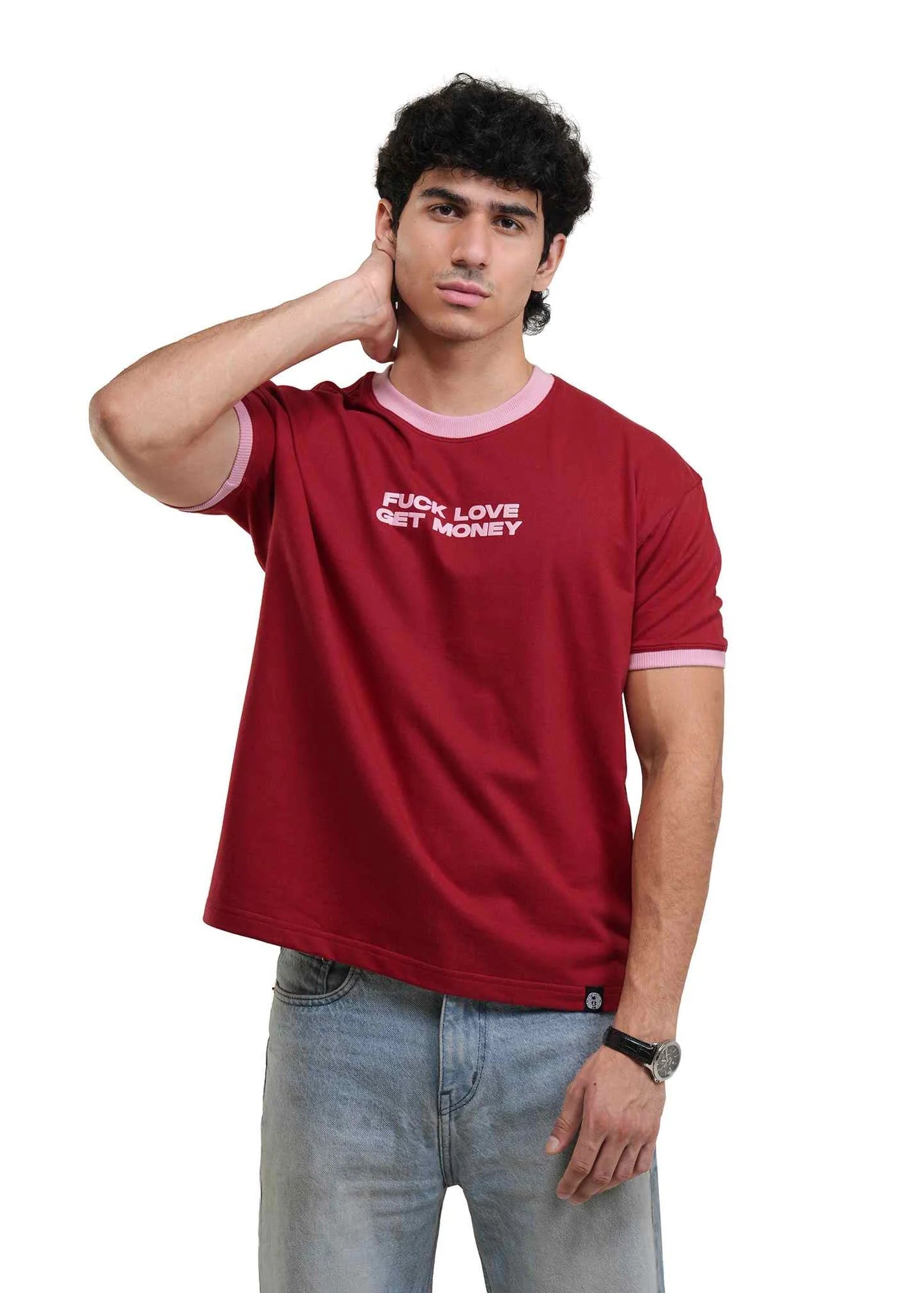 Men's red ringer T-shirt with front slogan graphic and white crew-neck trim