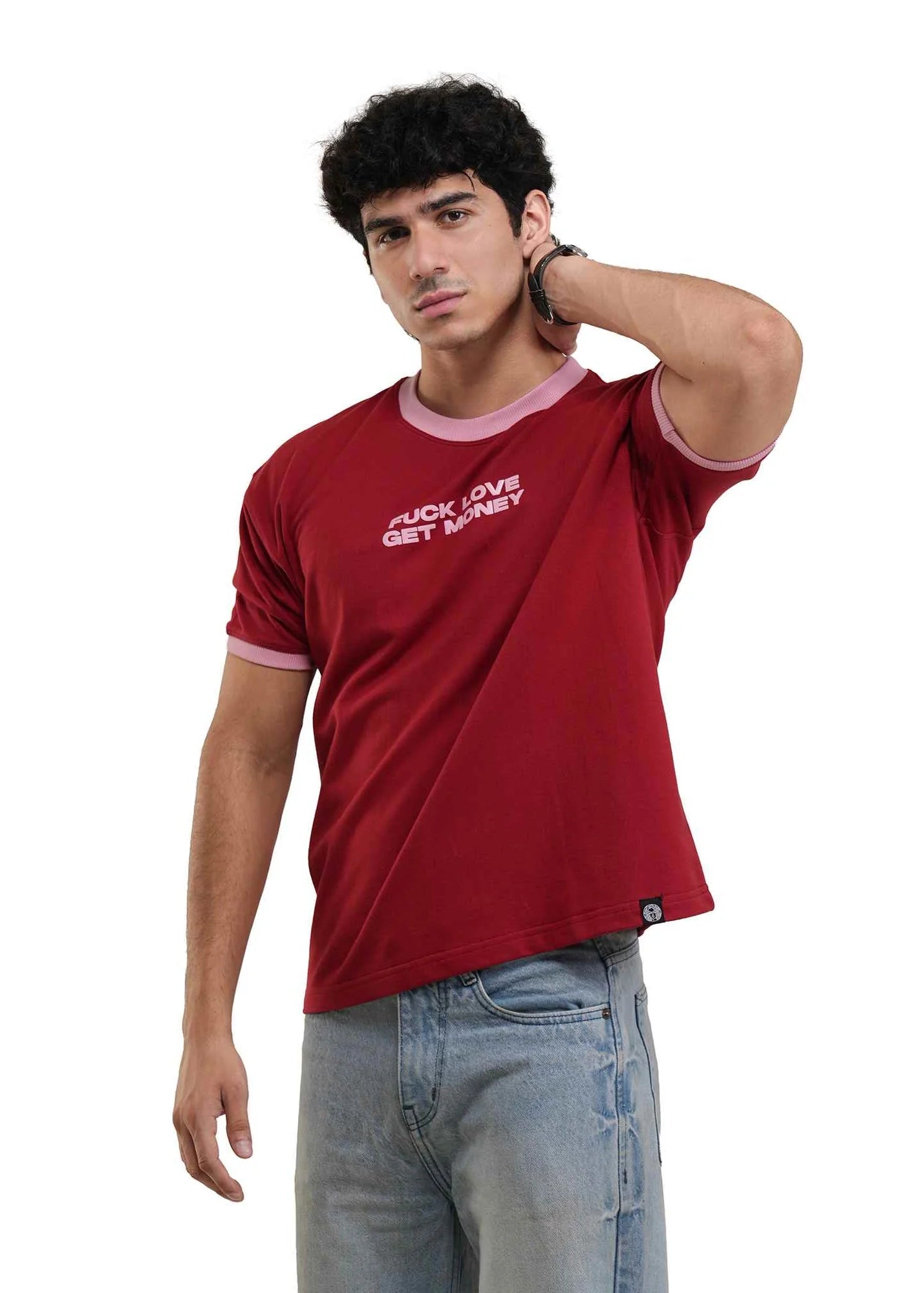 Men's red graphic ringer T-shirt with white trim and front slogan print