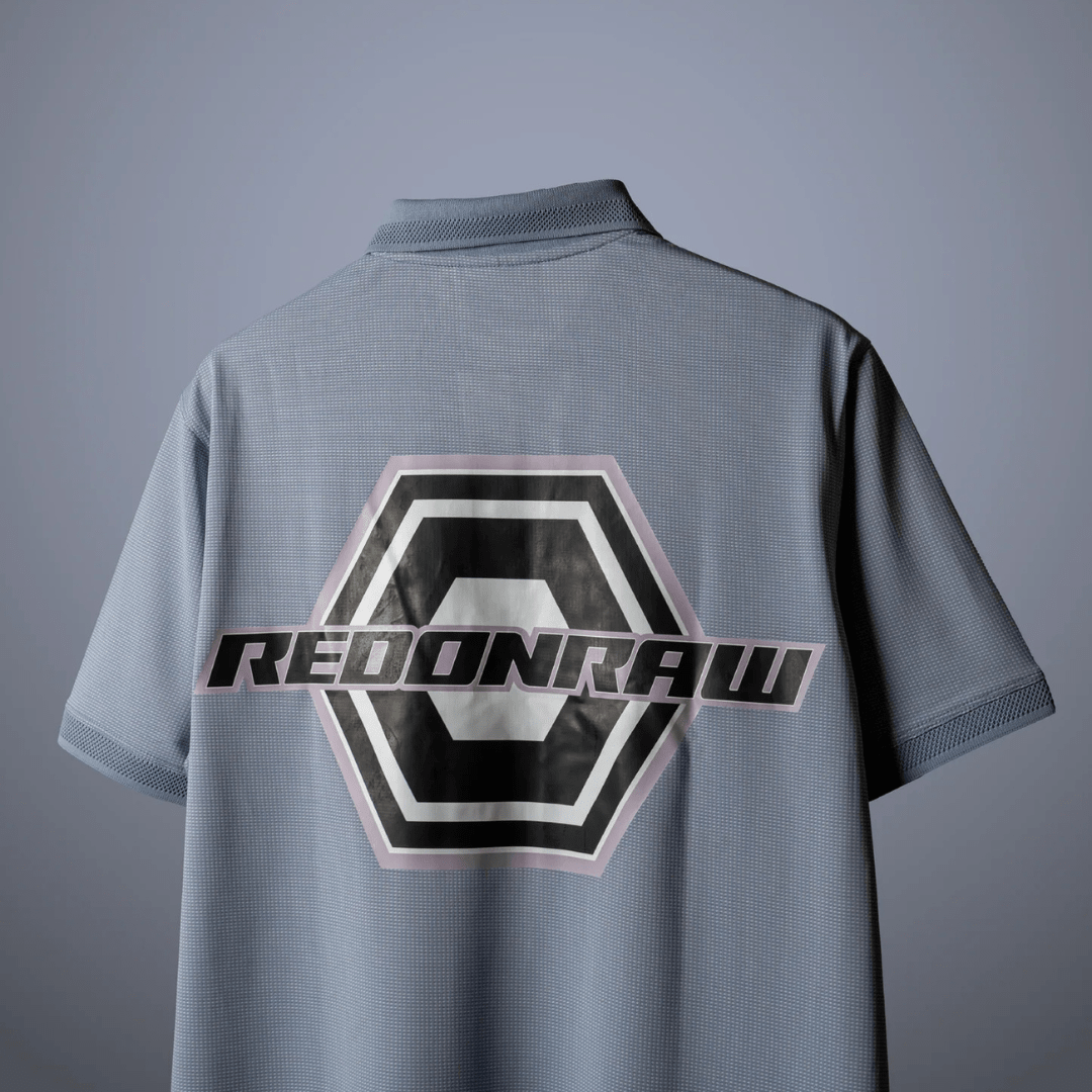 Slate grey polo shirt with back hex logo and REDONRAW lettering